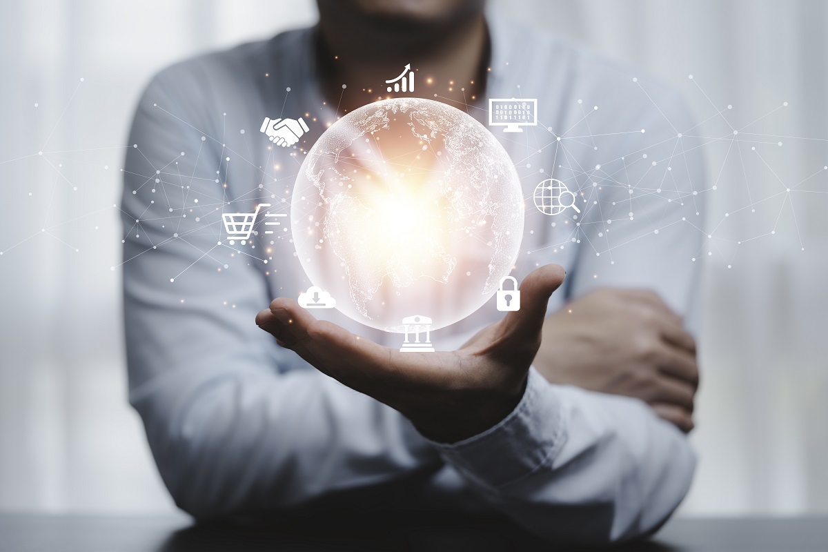 Man hand holding virtual world with internet connection metaverse global business marketing banking financial pass thru application technology concept