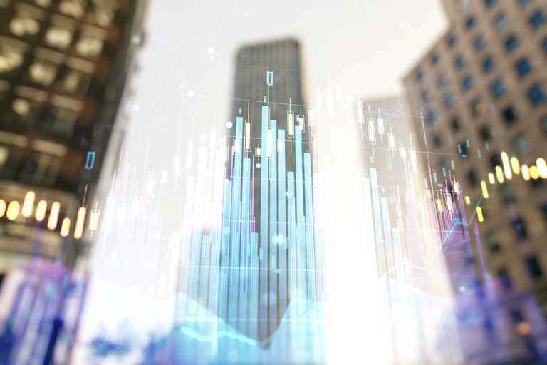 Multi Exposure Of Abstract Financial Graph On Office Buildings Background, Financial And Trading Concept