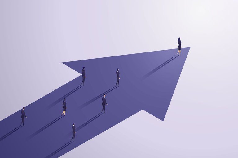 Group of business person walking on an on purple arrow.
