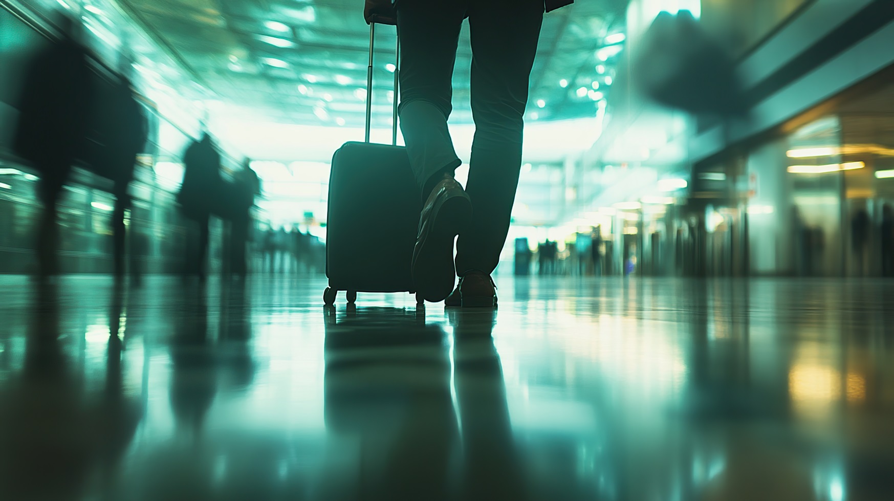 Close up view mens leg walking airport with his suitcase U
